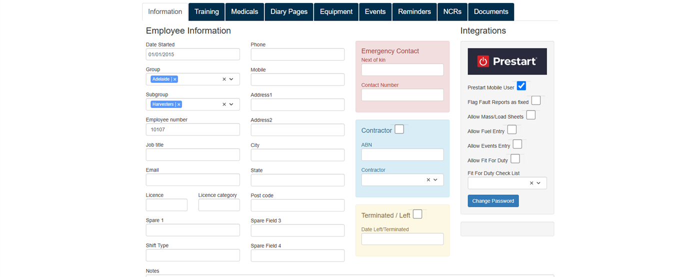A Gearbox employee record with tabs for training, medicals, equipment, events and documents