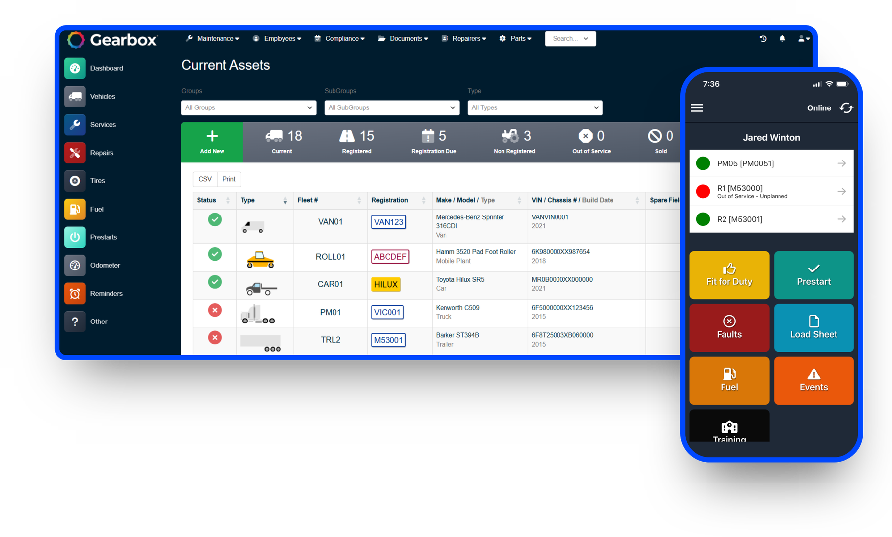 Gearbox fleet maintenance software on desktop and mobile