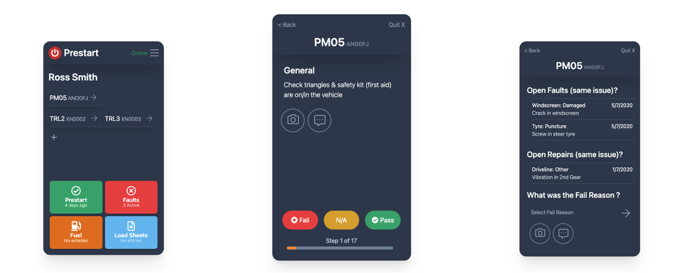 The Gearbox Prestart app showing a checklist question